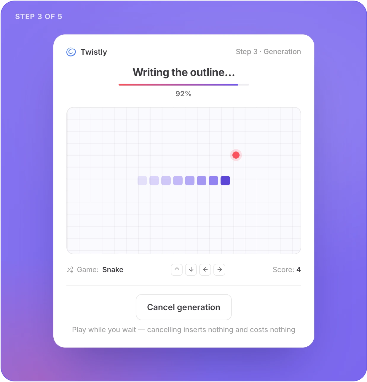 Twistly task pane, step 3 of 5: generation progress bar with a Snake game to play while waiting