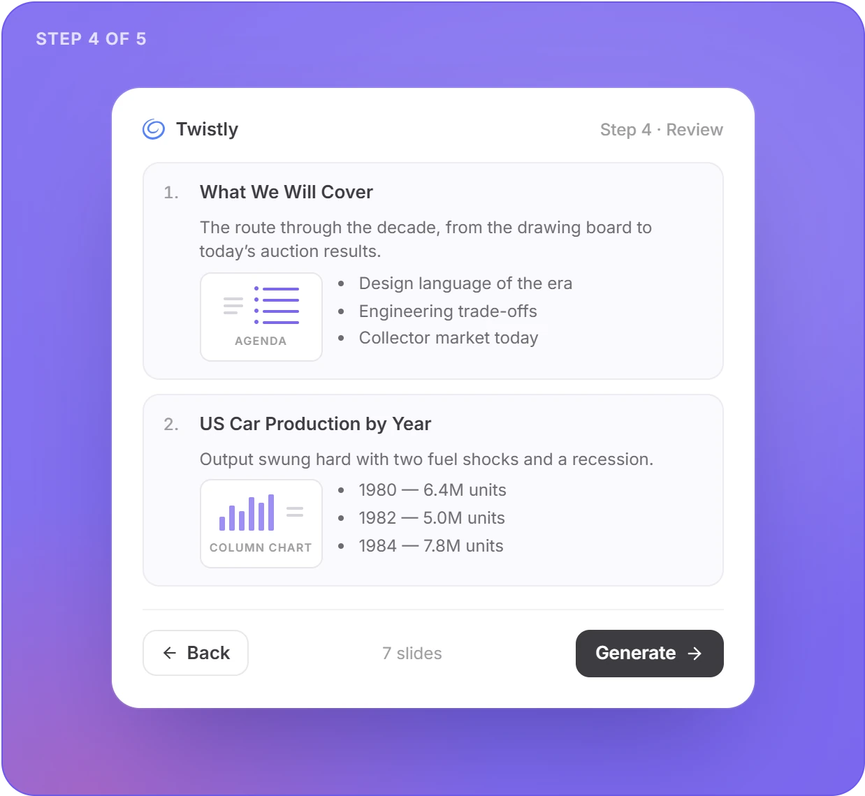 Twistly task pane, step 4 of 5: review screen with the slide outline, Back and Generate buttons