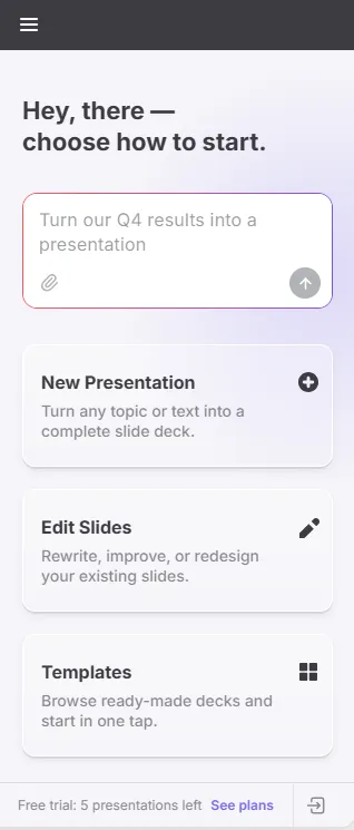 Twistly task pane in PowerPoint with a prompt field and the options New Presentation, Edit Slides and Templates