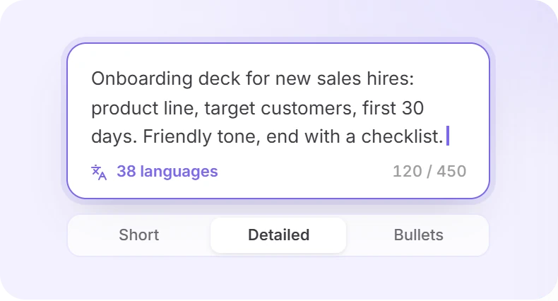 Twistly prompt field with a language selector and Short, Detailed and Bullets slide styles