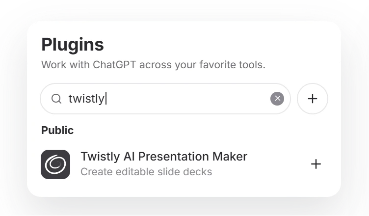 ChatGPT Plugins directory with “twistly” in the search field and Twistly AI Presentation Maker listed under Public