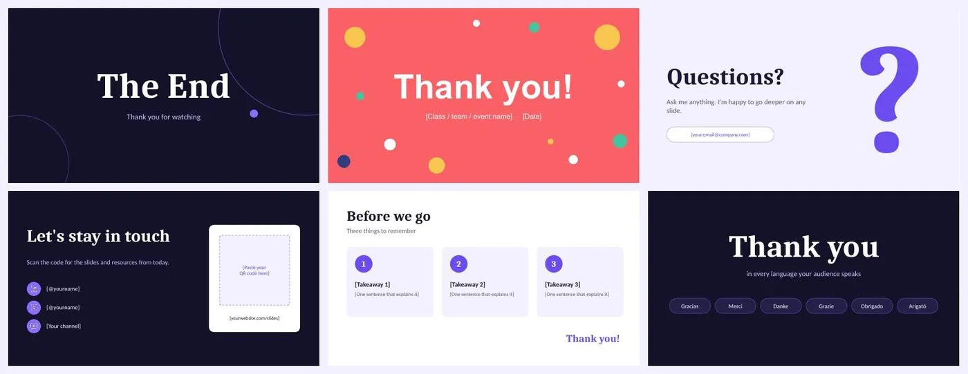 Preview of free PowerPoint closing slides: The End, Thank you, Questions, Q&A and contact slide templates