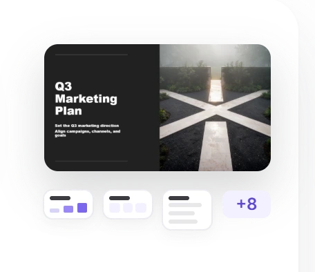 Q3 Marketing Plan title slide generated by Twistly AI from the PDF, with three slide thumbnails and 8 more slides