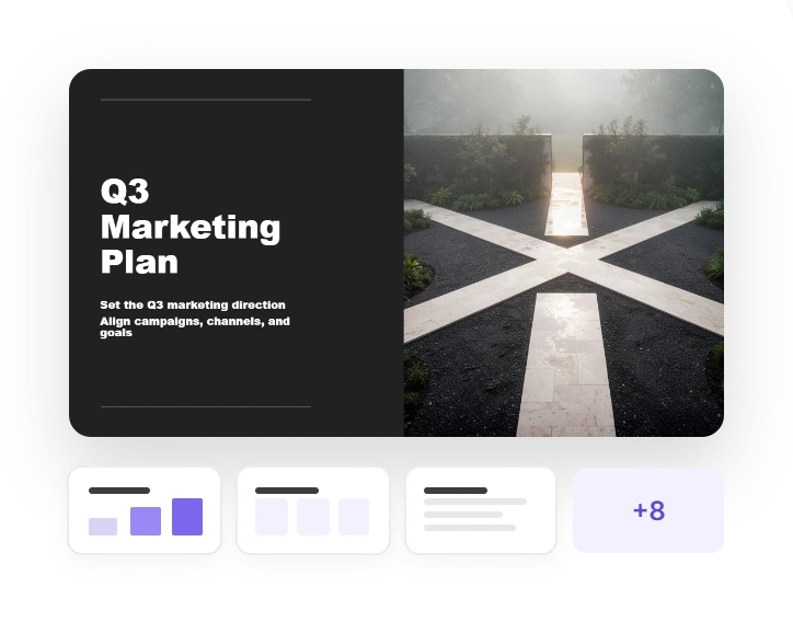 Q3 Marketing Plan title slide generated by Twistly AI from the PDF, with three slide thumbnails and 8 more slides