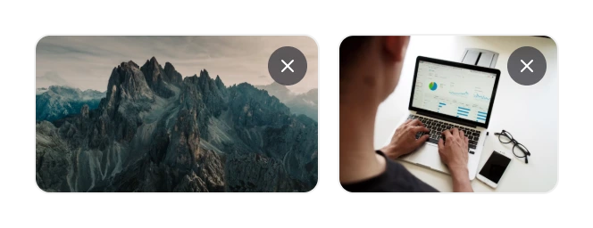 Two images taken from a PDF shown as slide thumbnails, a mountain landscape and a laptop dashboard, each with a remove button