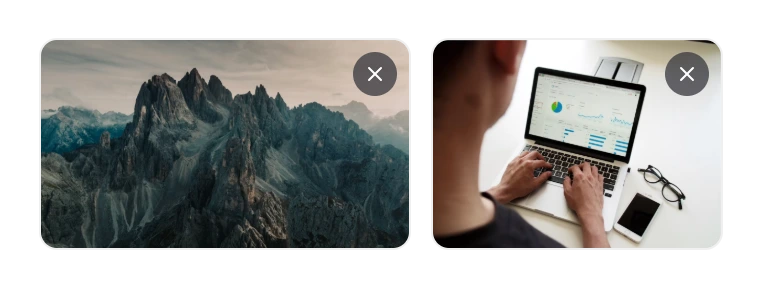 Two images taken from a PDF shown as slide thumbnails, a mountain landscape and a laptop dashboard, each with a remove button