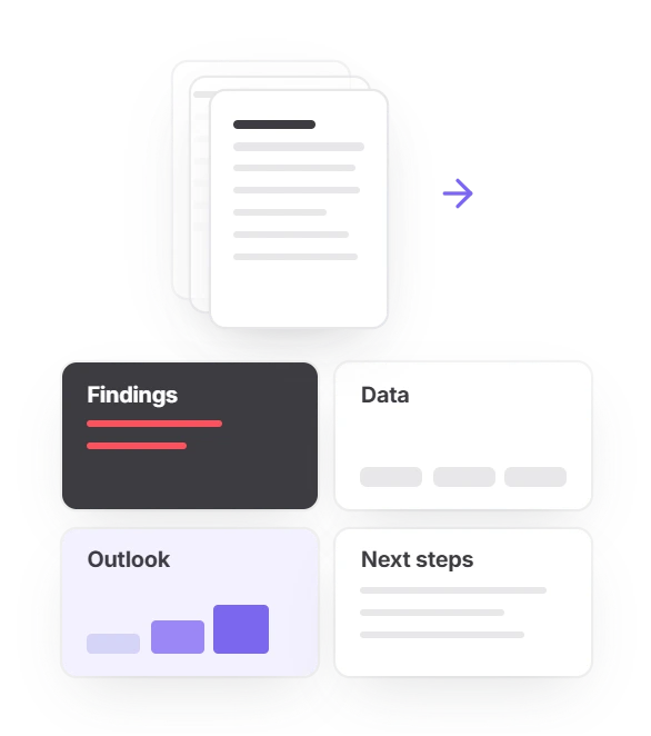 Stack of text-heavy report pages turned into four slides: Findings, Data, Outlook and Next steps