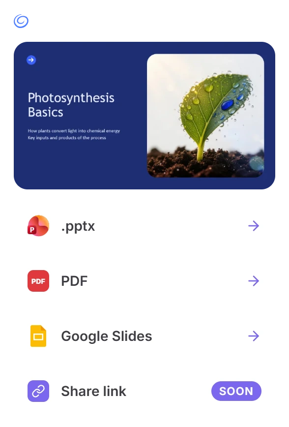 Twistly preview of annual-report-deck, slide 1 of 12 Photosynthesis Basics, with export options .pptx, PDF, Google Slides and Share link (soon)