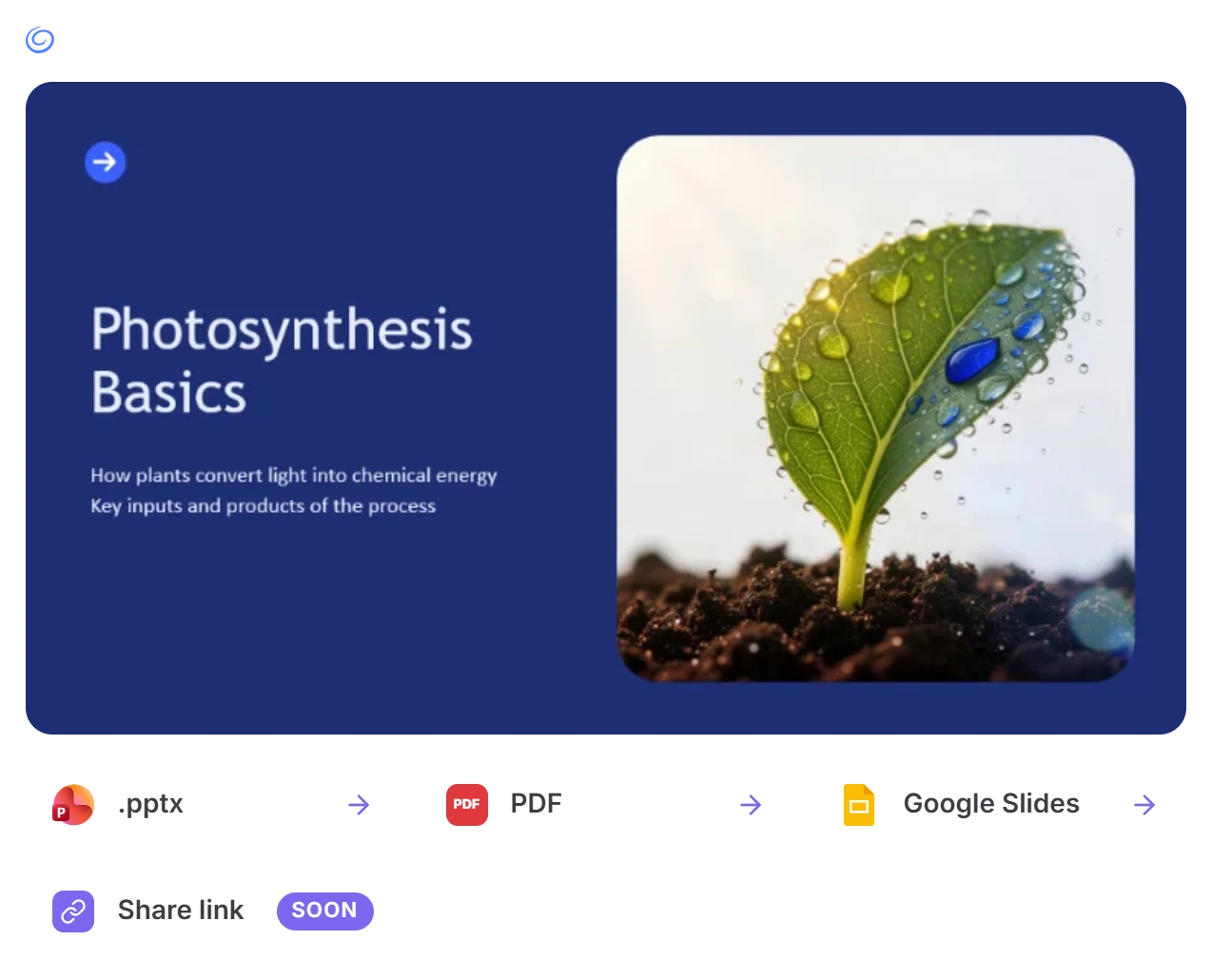 Twistly preview of annual-report-deck, slide 1 of 12 Photosynthesis Basics, with export options .pptx, PDF, Google Slides and Share link (soon)