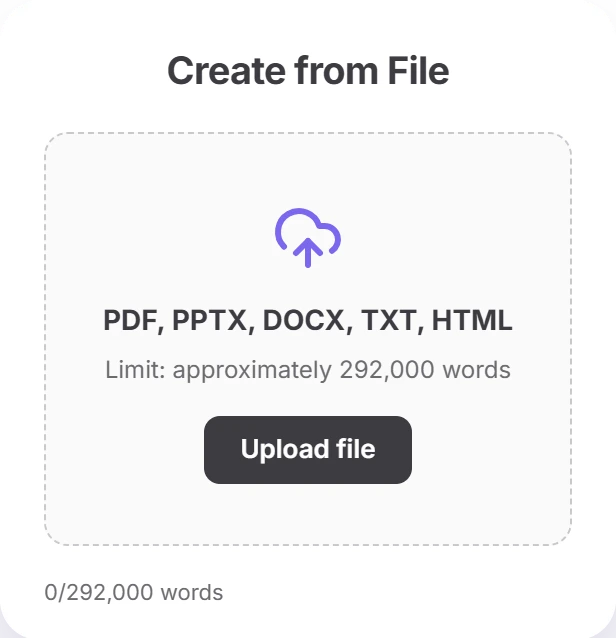Twistly Online Create from File dialog with an Upload file area for PDF, PPTX, DOCX, TXT and HTML files, a limit of approximately 292,000 words and a 0/292,000 words counter