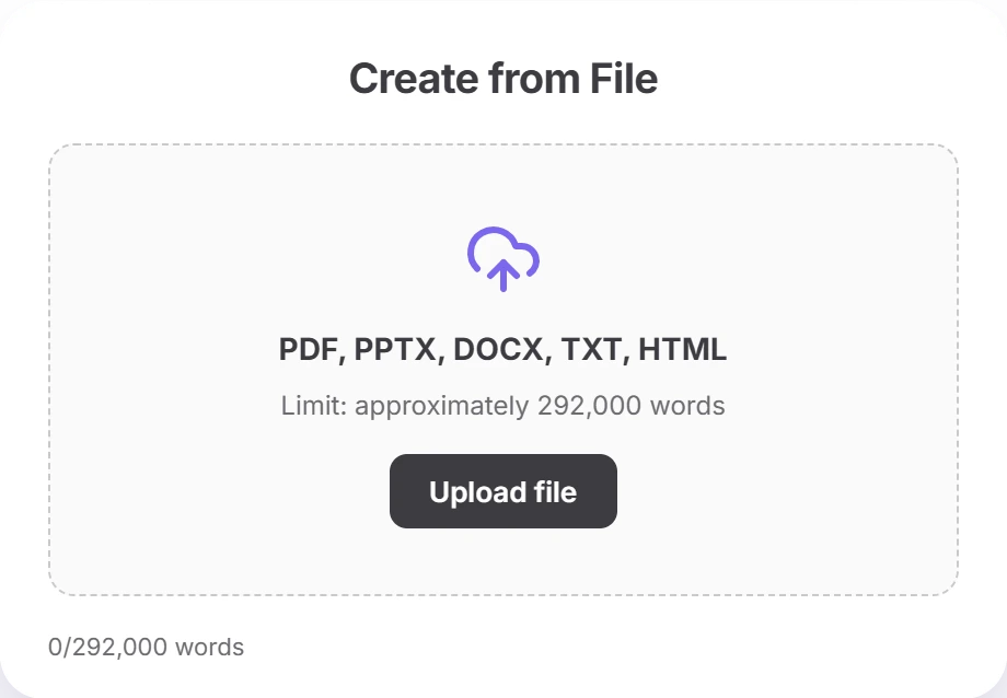 Twistly Online Create from File dialog with an Upload file area for PDF, PPTX, DOCX, TXT and HTML files, a limit of approximately 292,000 words and a 0/292,000 words counter