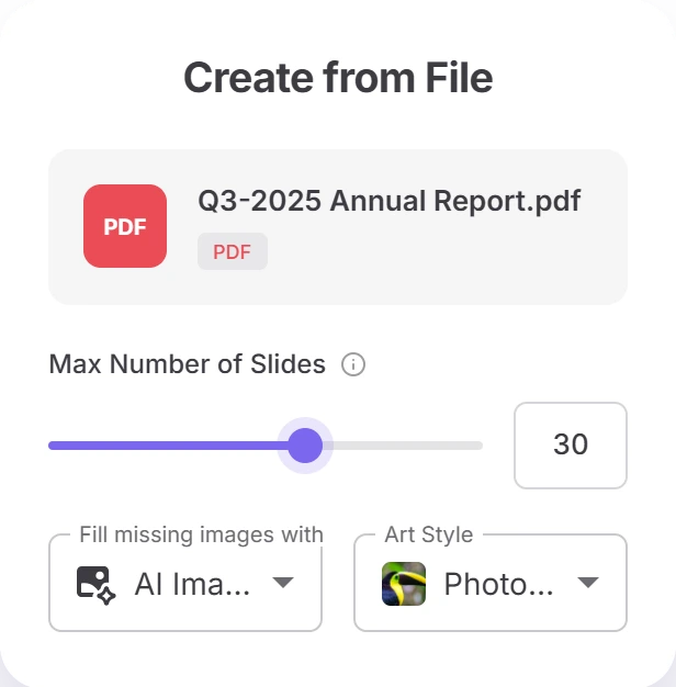 Twistly Online Create from File settings for Q3-2025 Annual Report.pdf: Max Number of Slides slider set to 30, Fill missing images with AI Images and Art Style Photorealistic