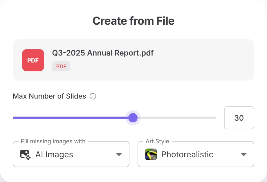 Twistly Online Create from File settings for Q3-2025 Annual Report.pdf: Max Number of Slides slider set to 30, Fill missing images with AI Images and Art Style Photorealistic