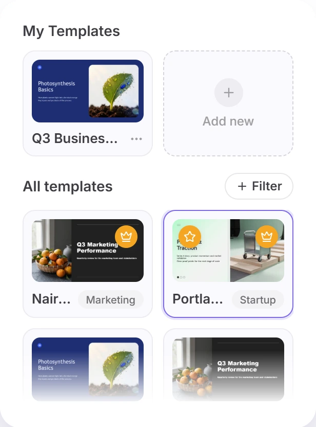 Twistly Online template picker with My Templates (Q3 Business Review, Add new) and All templates including Nairobi (Marketing) and Portland (Startup)