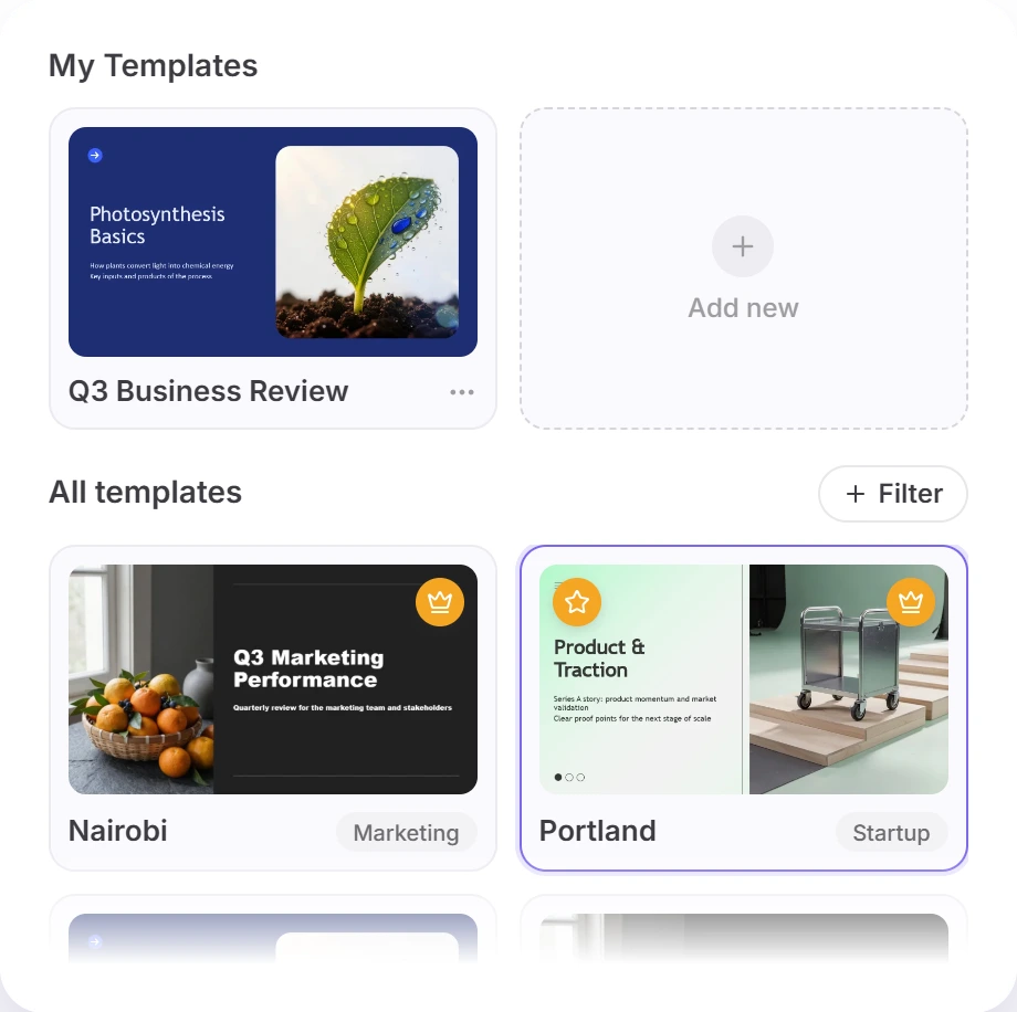 Twistly Online template picker with My Templates (Q3 Business Review, Add new) and All templates including Nairobi (Marketing) and Portland (Startup)