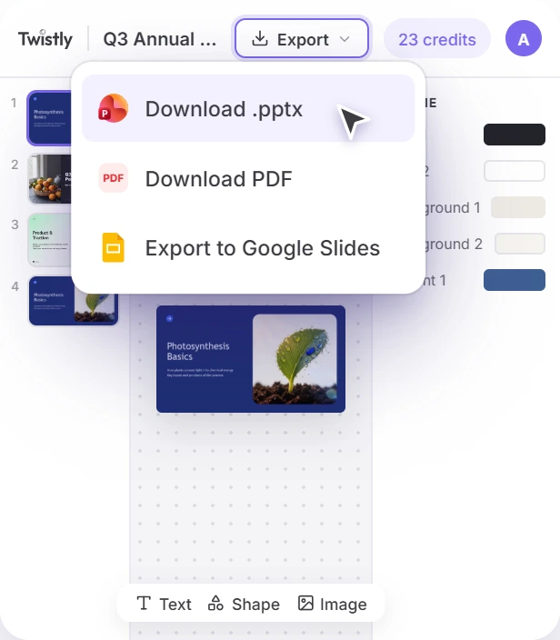 Twistly Online deck editor for Q3 Annual Report with slide thumbnails, theme colors and export options Download .pptx, Download PDF and Export to Google Slides