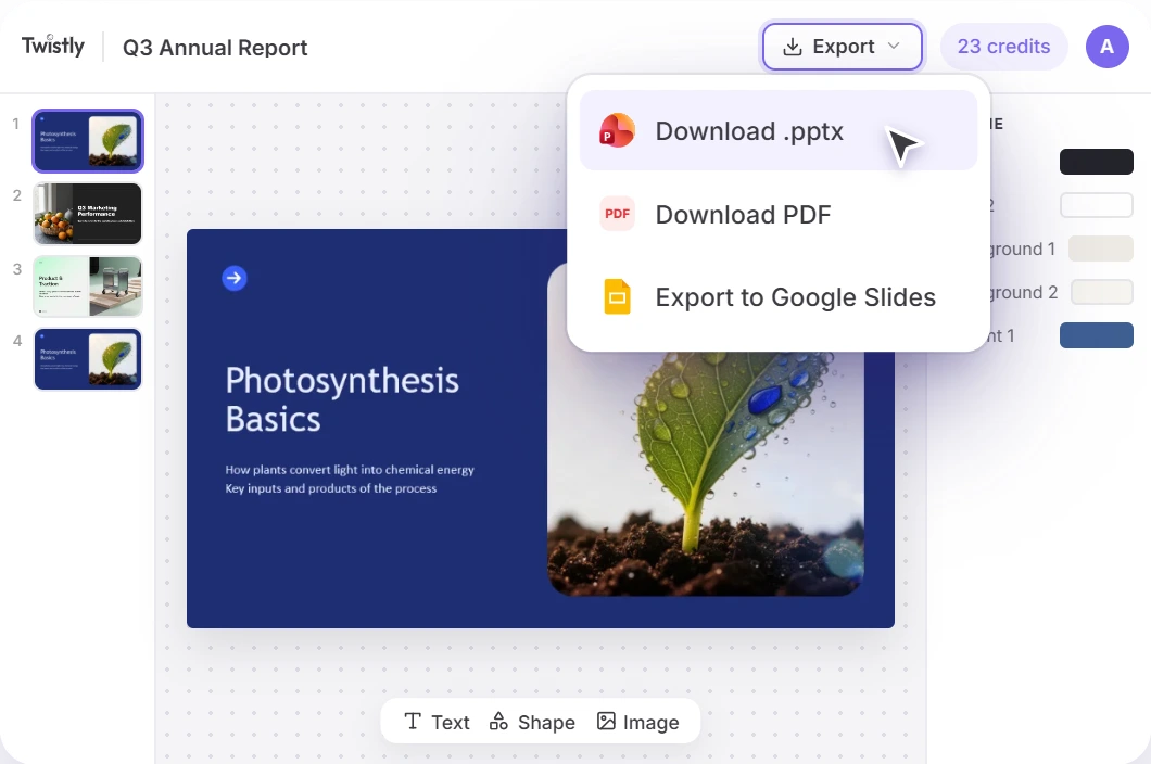 Twistly Online deck editor for Q3 Annual Report with slide thumbnails, theme colors and export options Download .pptx, Download PDF and Export to Google Slides