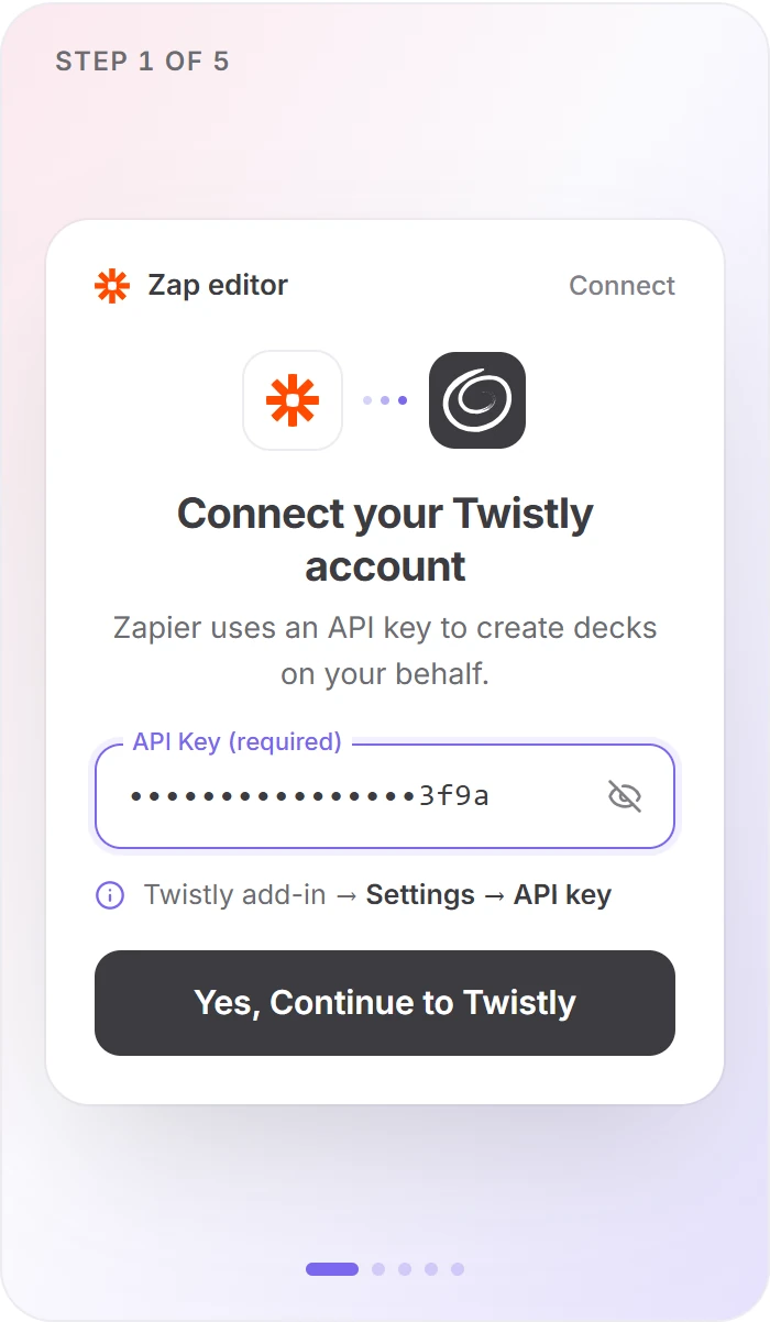 Zapier step 1: Connect your Twistly account by pasting the Twistly API key, then Yes, Continue to Twistly