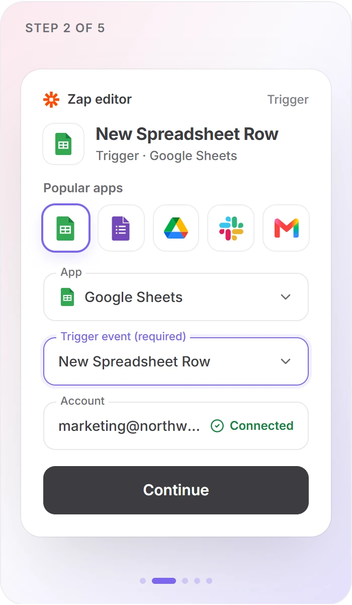 Zapier step 2: pick a trigger app and event, here Google Sheets New Spreadsheet Row on a connected account