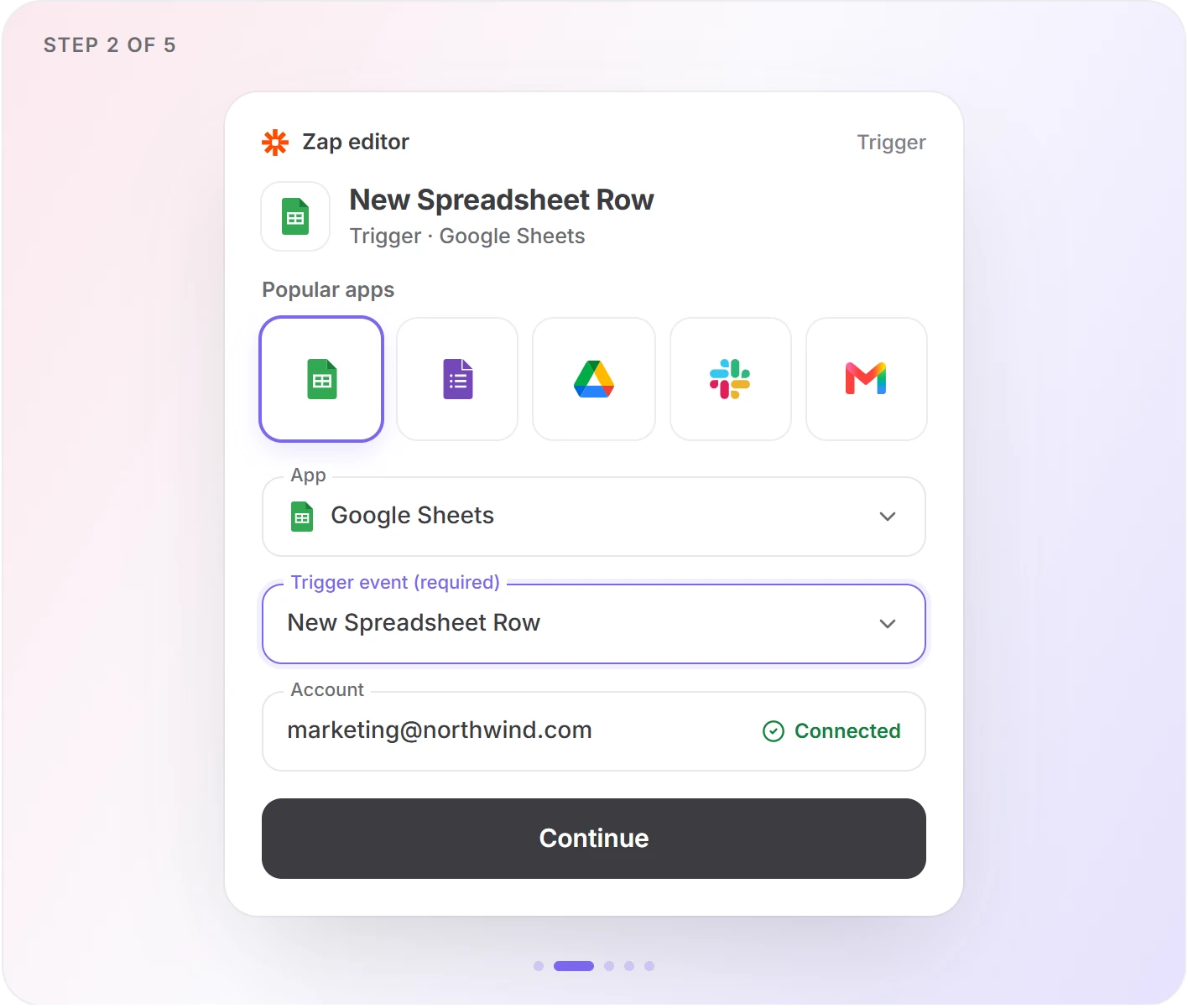 Zapier step 2: pick a trigger app and event, here Google Sheets New Spreadsheet Row on a connected account