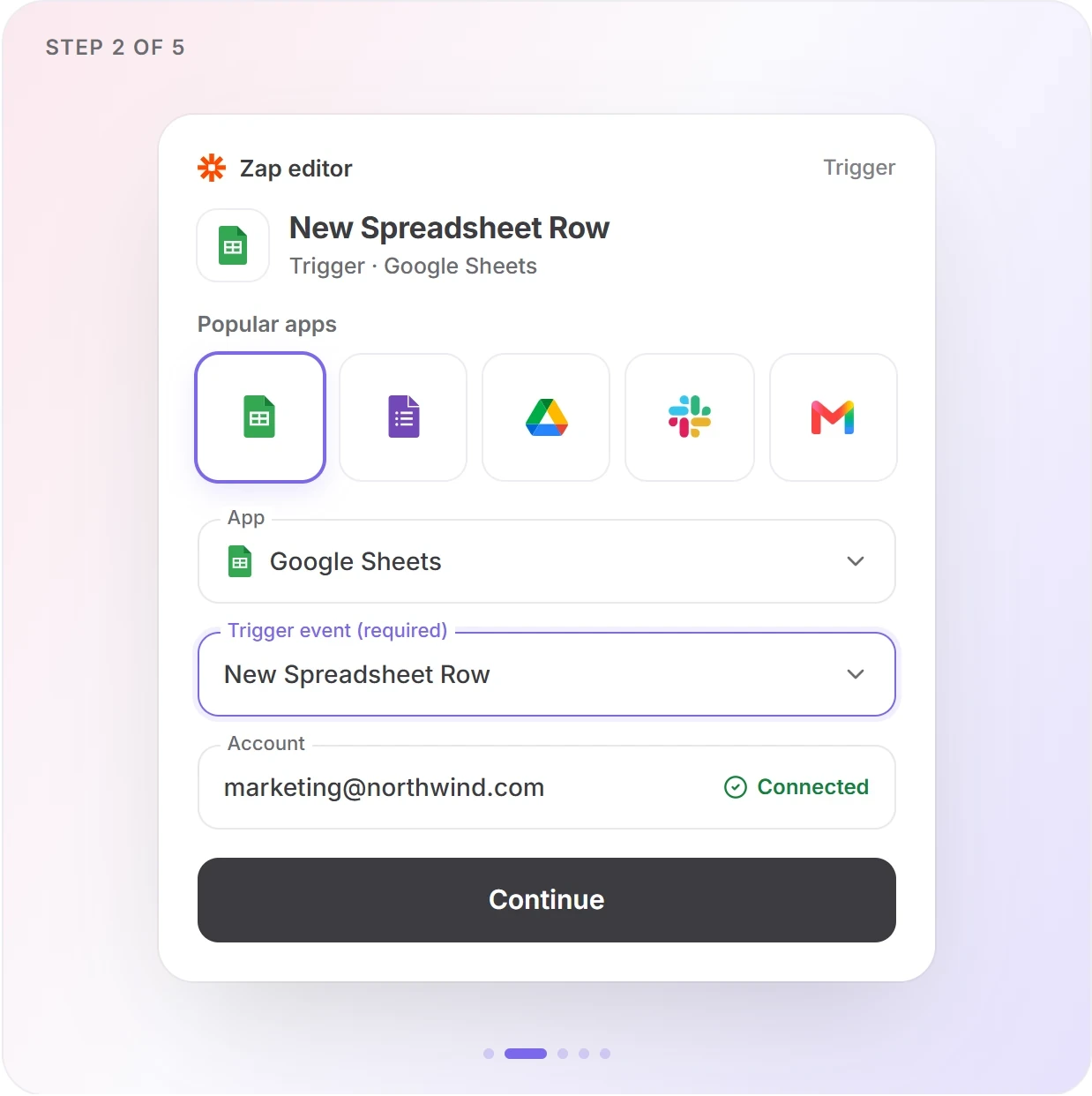 Zapier step 2: pick a trigger app and event, here Google Sheets New Spreadsheet Row on a connected account