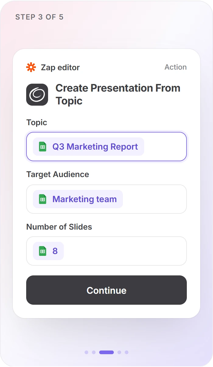 Zapier step 3: Create Presentation From Topic with spreadsheet fields mapped to Topic, Target Audience and Number of Slides