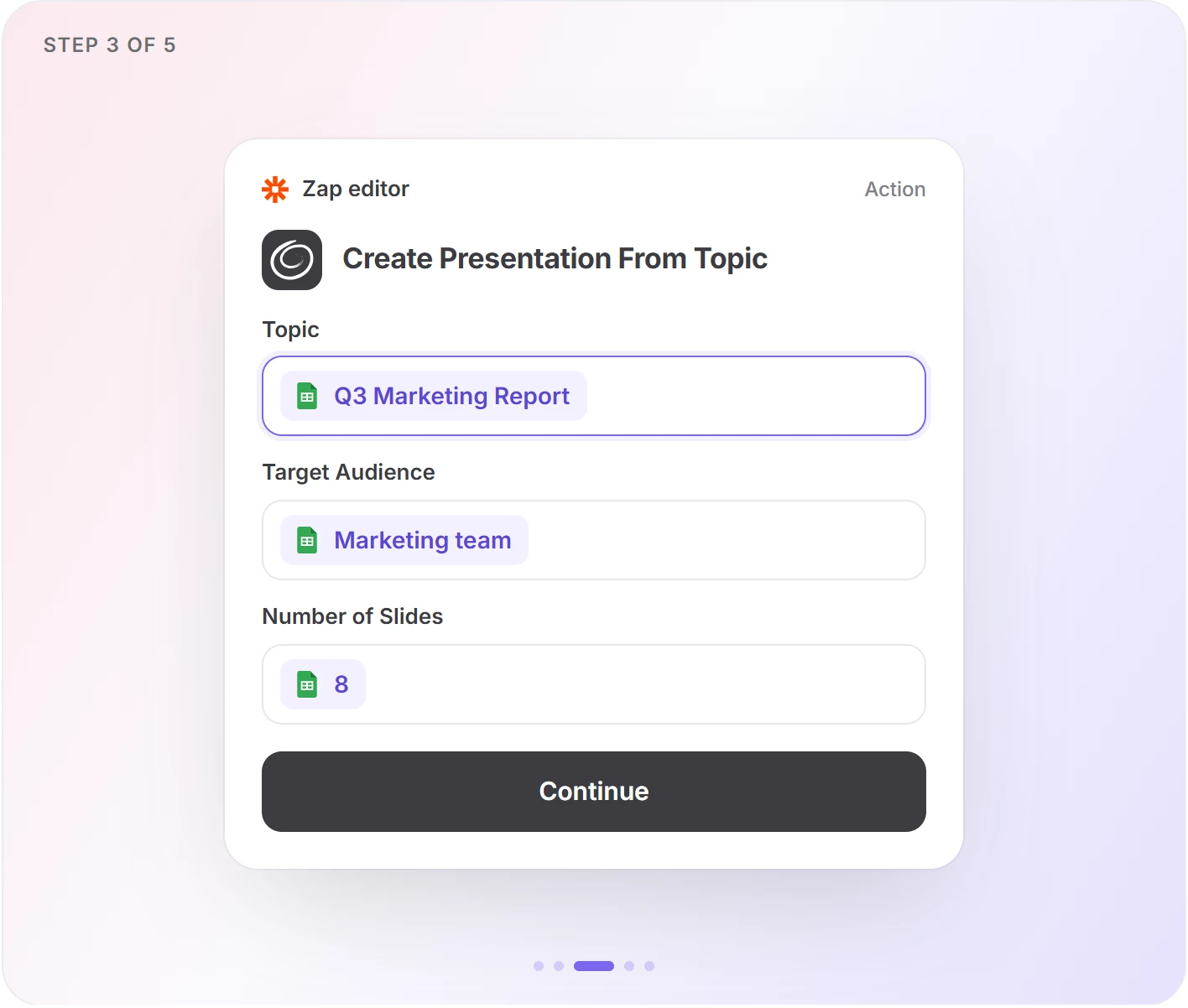 Zapier step 3: Create Presentation From Topic with spreadsheet fields mapped to Topic, Target Audience and Number of Slides