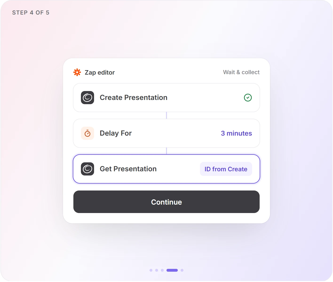 Zapier step 4: Create Presentation, then Delay For 3 minutes, then Get Presentation with the ID from the Create step