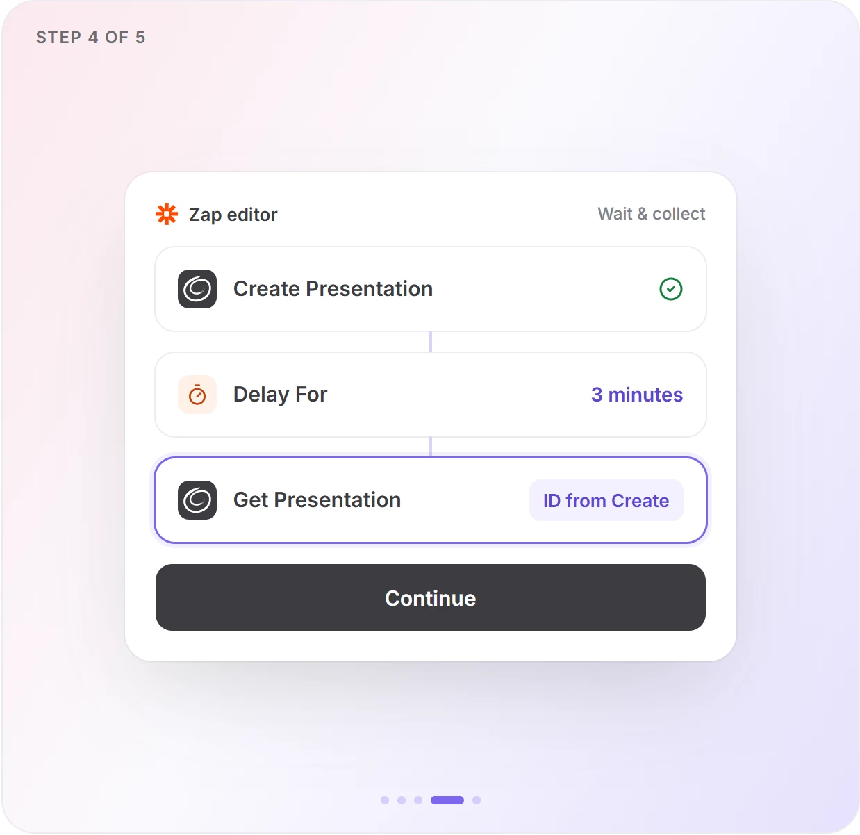Zapier step 4: Create Presentation, then Delay For 3 minutes, then Get Presentation with the ID from the Create step