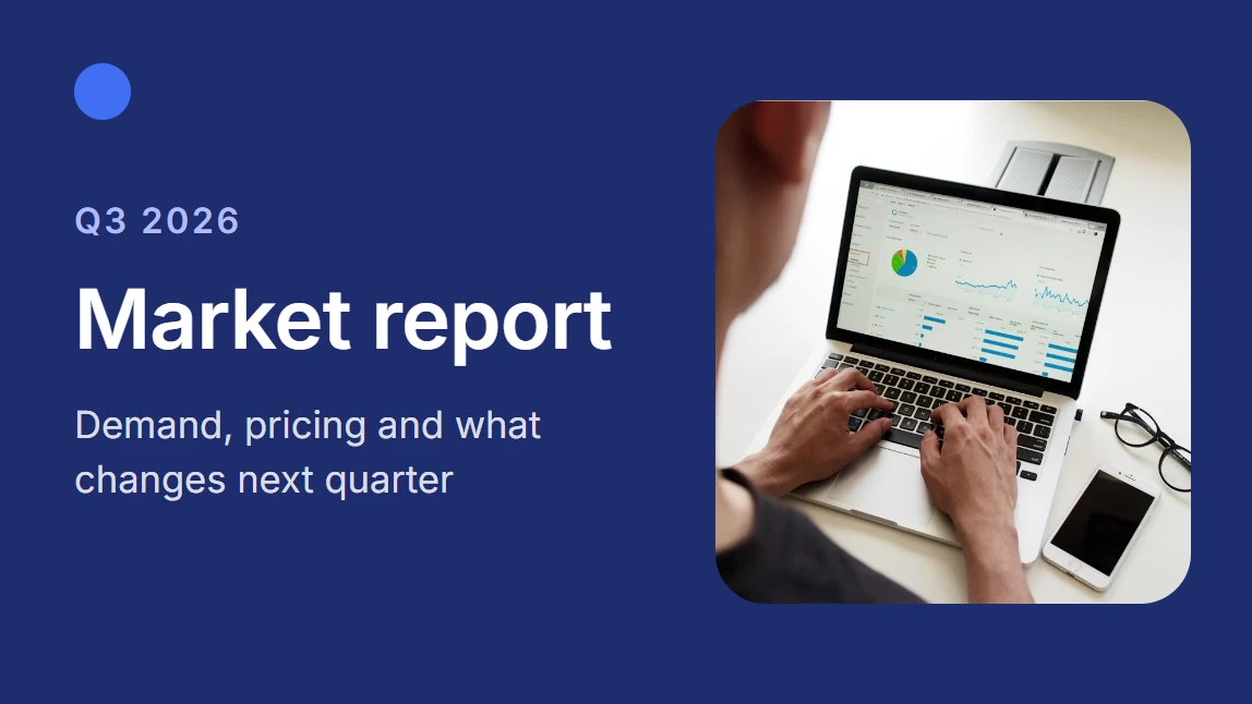 Title slide of the generated deck: Q3 2026 market report on demand, pricing and what changes next quarter, with a photo of a laptop showing a dashboard