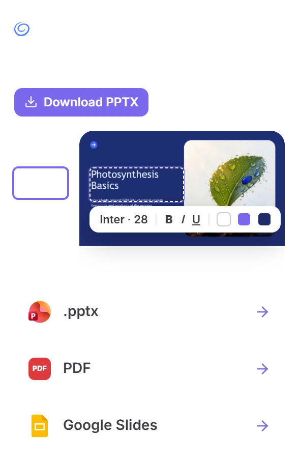 Twistly browser editor for q3-board-report with Text, Shape and Image tools, Download PPTX, a selected text box with font controls on the Photosynthesis Basics slide, and export options .pptx, PDF and Google Slides