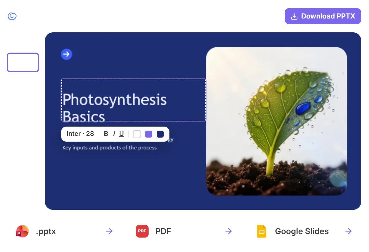 Twistly browser editor for q3-board-report with Text, Shape and Image tools, Download PPTX, a selected text box with font controls on the Photosynthesis Basics slide, and export options .pptx, PDF and Google Slides