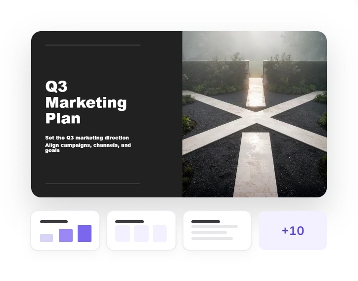 Q3 Marketing Plan title slide generated by Twistly AI from a Word document, with three slide thumbnails and 10 more slides