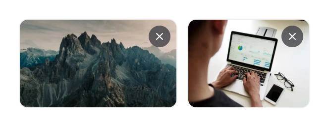 Two images taken from a Word document shown as slide thumbnails, a mountain landscape and a laptop dashboard, each with a remove button