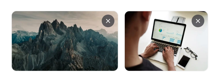 Two images taken from a Word document shown as slide thumbnails, a mountain landscape and a laptop dashboard, each with a remove button