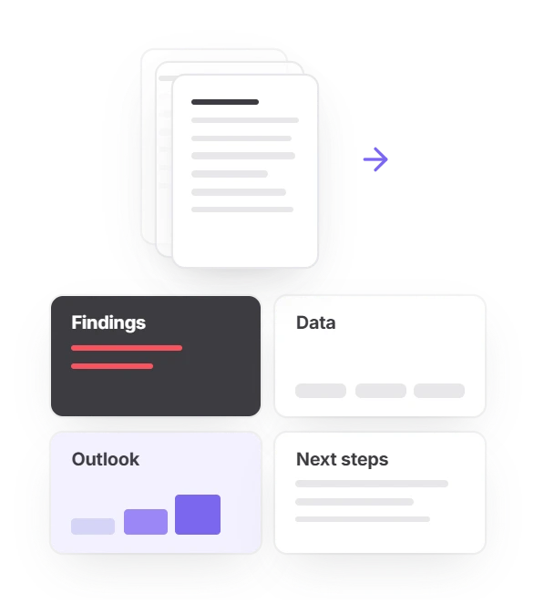 Stack of text-heavy Word pages turned into four slides: Findings, Data, Outlook and Next steps