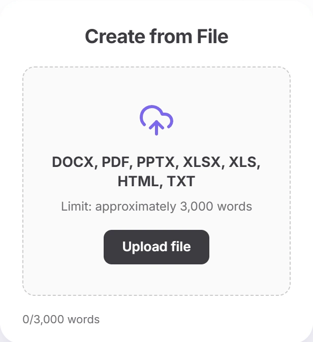 Twistly Online Create from File dialog accepting DOCX, PDF, PPTX, XLSX, XLS, HTML and TXT files, a limit of approximately 3,000 words and a 0/3,000 words counter