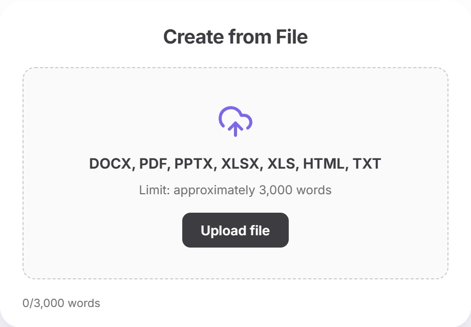 Twistly Online Create from File dialog accepting DOCX, PDF, PPTX, XLSX, XLS, HTML and TXT files, a limit of approximately 3,000 words and a 0/3,000 words counter