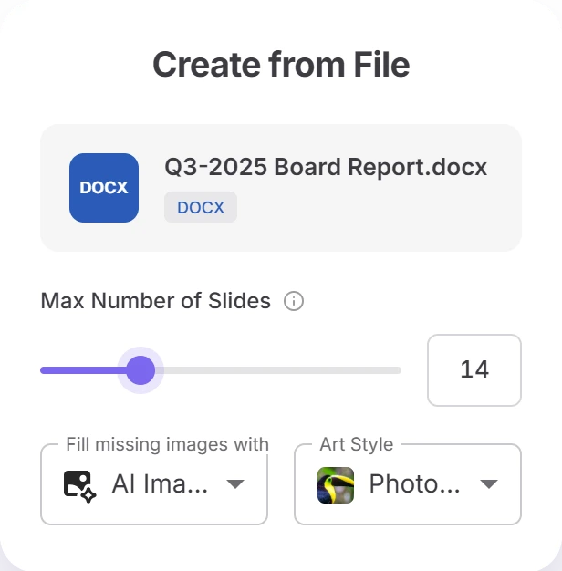 Twistly Online Create from File settings for Q3-2025 Board Report.docx: Max Number of Slides set to 14, Fill missing images with AI Images and Art Style Photorealistic