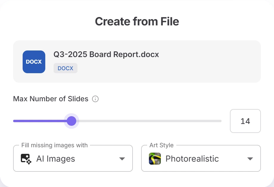 Twistly Online Create from File settings for Q3-2025 Board Report.docx: Max Number of Slides set to 14, Fill missing images with AI Images and Art Style Photorealistic